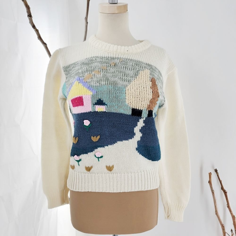Vintage acrylic sweater with country cottage motif